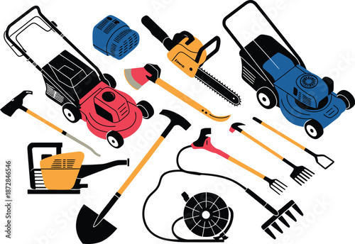 Gardening and lawn care tools overhead flat lay