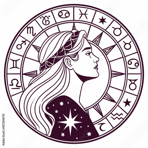 Celestial themed female portrait with zodiac wheel and starry