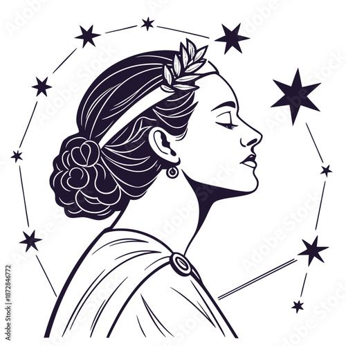 Horoscope inspired woman with laurel wreath and stars