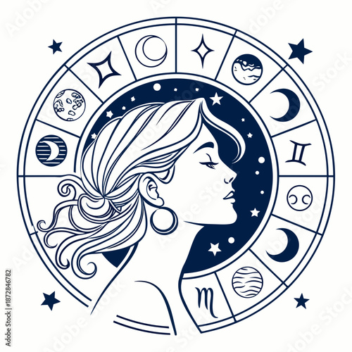 Stylized woman surrounded by astrological circle and cosmic symbols