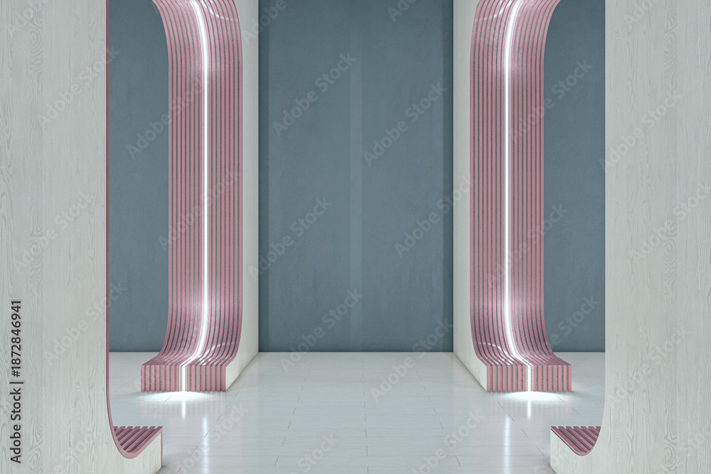 Fototapeta premium Futuristic interior room with curved light panels and modern architecture in minimalist design concept on clean tiled floor background. 3D Rendering