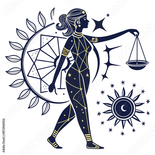 Celestial woman holding scales with zodiac constellation pattern