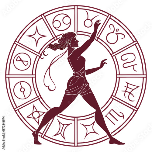 Maroon silhouette of woman dancing within zodiac wheel