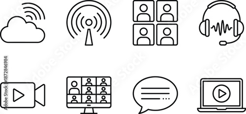 Minimal communication icons set featuring cloud wifi video call headset chat laptop webinar online meeting vector illustration for modern interfaces