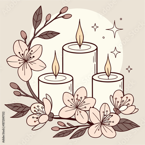 Three Candles with Cherry Blossoms and Glowing Flames