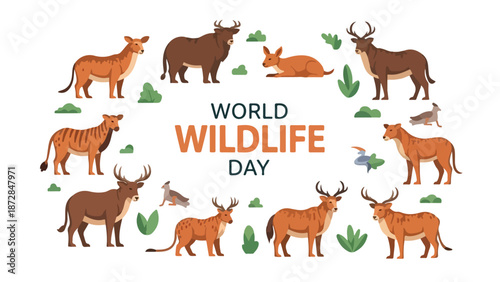 Flat lay illustration of various animals and green leaves around the words 'World Wildlife Day' on a white background.