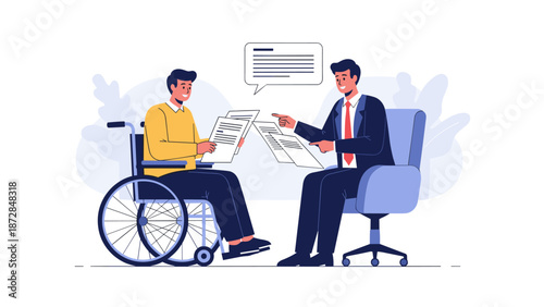 Businessman interviewing candidate in wheelchair illustration