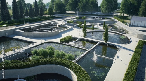 Modern urban wastewater treatment plant with advanced water recycling, purifying, and filtration systems ensuring safe drinking water
