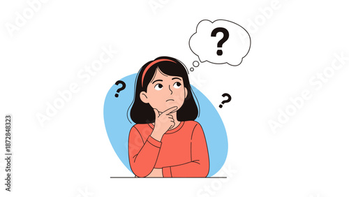 Confused girl with question mark speech bubble illustration