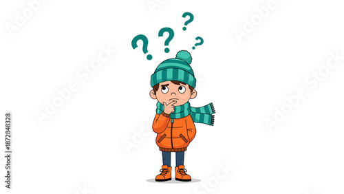 Confused boy in winter clothes with question marks illustration