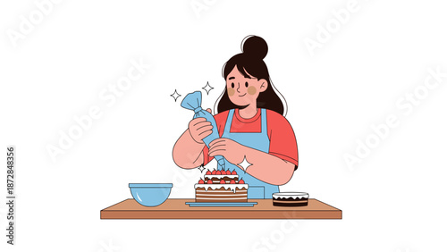 Woman using pastry bag to decorate cake illustration