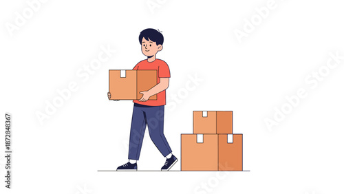Young man carrying cardboard moving box illustration
