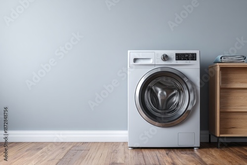 Modern front load washing machine stands next to a wooden cabinet.