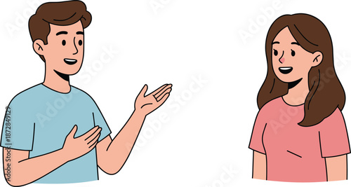 Smiling young man explaining idea to woman showing friendly communication conversation dialogue trust interaction modern flat vector illustration