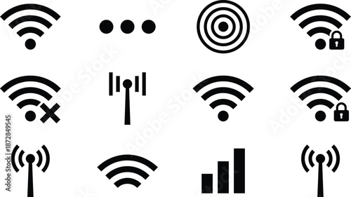 Wireless signal and wifi icon set showing connectivity security network strength data transmission symbols for technology interface design systems applications