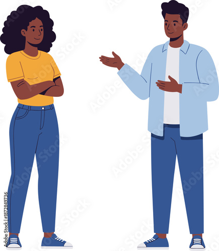 Young man explaining ideas to woman listening confidently showing communication discussion trust interaction modern flat vector illustration design style