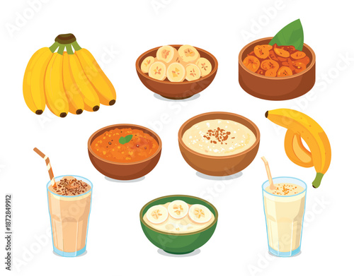 Banana and Plantain Food and Beverage Collection Featuring Slices, Curry, Pudding, Smoothies and Traditional Dishes Illustration