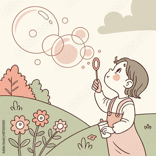 Child blowing bubbles in garden with flowers girl bubble wand