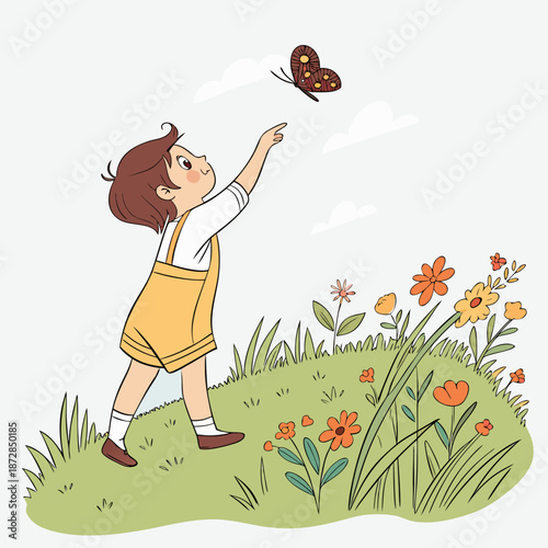 Toddler girl in yellow overalls reaching for butterfly
