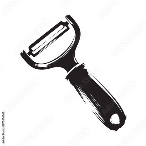 A simple black and white illustration of a kitchen peeler a useful tool for food preparation