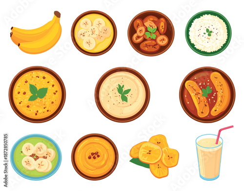 Banana and Plantain Food Variety Set Featuring Slices, Curry, Pudding, Chips, Smoothie and Traditional Dishes Illustration
