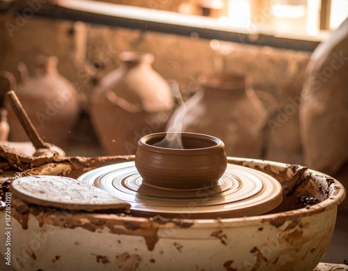 Close-up of a pottery wheel with a small clay pot, steam rising, workshop setting.