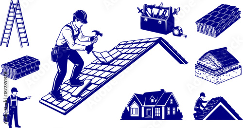 Roofer Construction Worker Silhouette Roof Roofing Contractor Installing Shingles Trade Black Vector Isolated White Background Repair Professional Industry Building