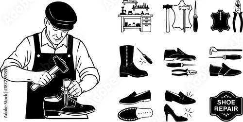 Cobbler Shoe Repair Silhouette Craftsman Shoemaker Repairing Footwear Professional Black Vector Isolated White Background Workshop Traditional Artisan Specialist Craft