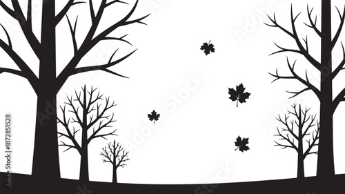 Minimalist bare trees and falling maple leaves silhouette Vector