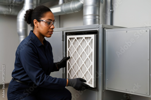Female technician in safety gear inspects a clean air filter inside an industrial HVAC unit.
