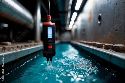 Industrial digital sensor probe monitoring water quality in flow channel.