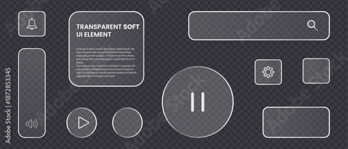Transparent soft Liquid glass ui element set, frosted glass effect with glow  elements including buttons, search bar volume slider, and media controls for modern design projects, clean and minimalisti