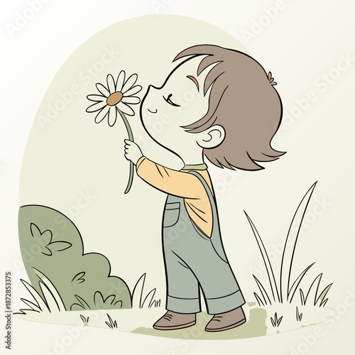 Cartoon boy smelling white daisy flower child