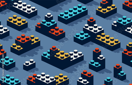 Toy constructor seamless pattern, isometric vector toy bricks tiling wallpaper, children game construction retro colored blocks endless pattern.