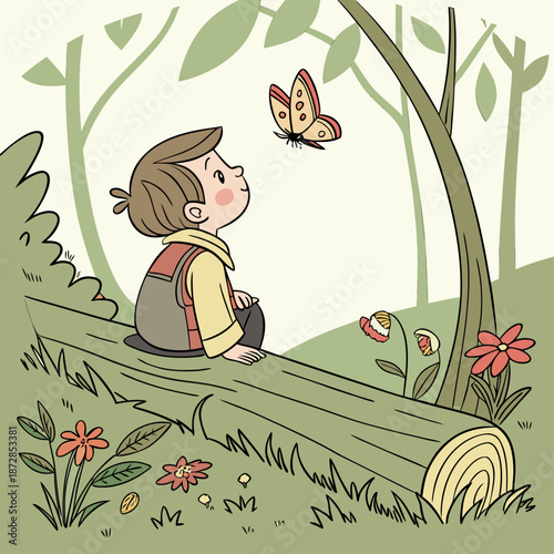 Toddler sitting on log watching butterfly with flowers and trees