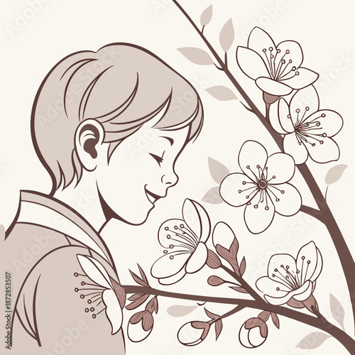 Smiling child smelling cherry blossoms flowers