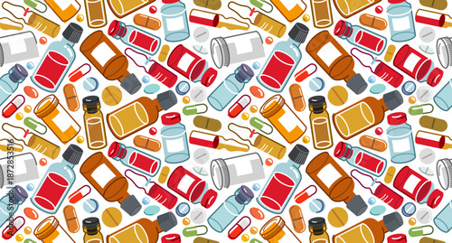 Medicine seamless background, vector drugstore and pharmacology endless wallpaper, medical pills and bottles and ampules apothecary tiling pattern, elements easy to use separately.