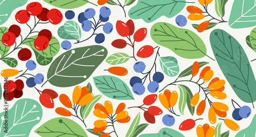 Fresh berries seamless background, different forest wild berries tiling wallpaper, elements easy to use separately.