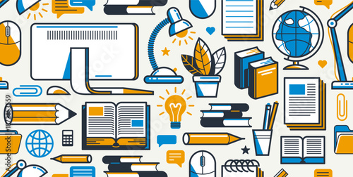 Office or remote work seamless background, PC and papers job workplace desk vector endless wallpaper, all elements easy to use separately as an icons or illustrations.