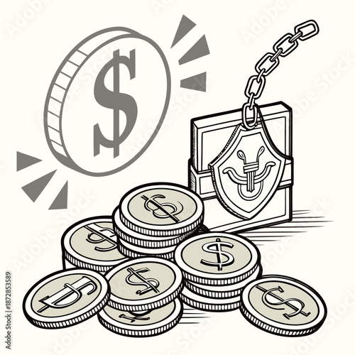 Chained safe with dollar coins dollars money