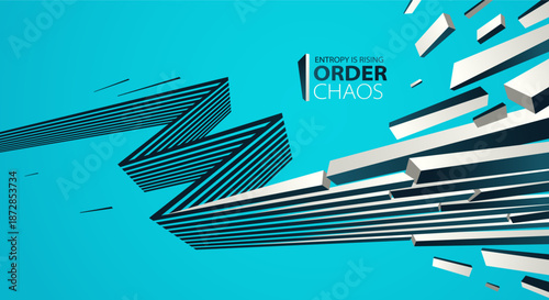 Debris particles exploding in chaos vector abstract background, entropy is rising to decay and disorder, elements flying in motion, 3D wallpaper.