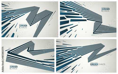 Chaos and order vector concept abstract background with lines explosion to debris in decay set, 3D wallpaper with perspective lines going to chaos of destruction.