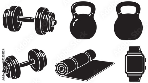 Comprehensive fitness and weight training equipment icon set for corporate wellness programs sports business marketing and healthy lifestyle commercial branding assets.