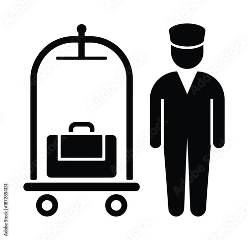 A vector illustration of a bellhop standing next to a luggage cart with a suitcase