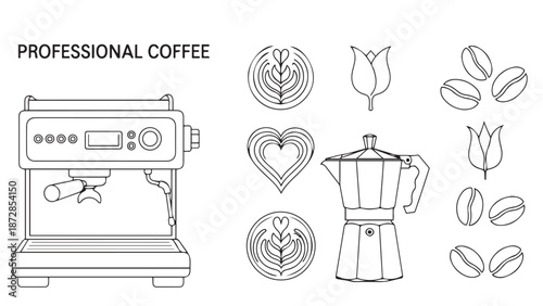 Professional coffee shop and barista equipment set featuring espresso machine moka pot latte art and roasted beans for cafe branding and hospitality business marketing resources.