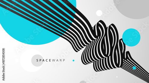 Vector abstract background with curve lines in 3D perspective and bright blue circles, road look like tape with stripes, dynamic speed and motion.