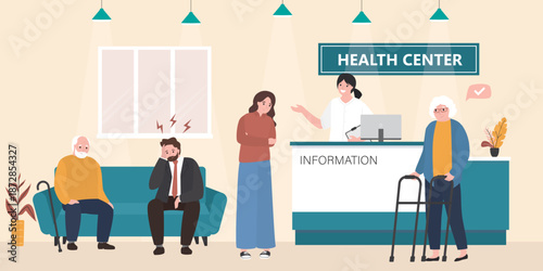 Modern medical clinic reception interior with furniture. Receptionist standing on lobby. Nurse talking sick woman in hall of health center. Various people waiting doctor