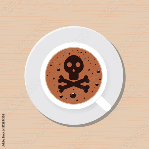Harmful caffeine, skull and crossbones in cup of coffee. Sign of danger or death. Bad habit, an addiction to large amounts of coffee. Cup of coffee is on wooden table,