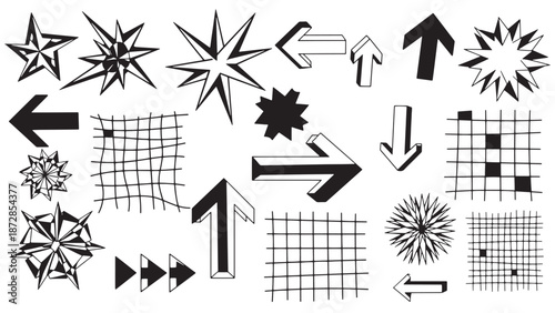 Creative hand-drawn arrow and abstract geometric element collection with starbursts and grid textures for modern business presentation graphics and digital marketing branding assets.