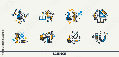 Science vector detailed icons set, physics and chemistry bundle, mathematics and geography study education.